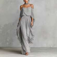 Conjunto para mujer de gasa gris nuevo, hombros descubiertos, tirantes y pantalones anchos, diseño irregular de moda - Gris - Ver 6