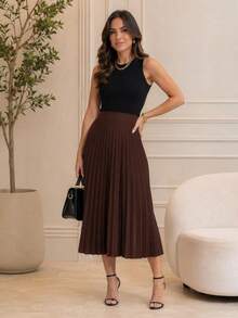 Elegant Pleated Skirt In Stretch Fabric With Lining, Suitable For Women's Evenings, Weddings, Holidays, And Offices. Timeless. - 鏽棕色 - 查看 1