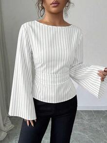 Blusa de manga larga con rayas y pliegues en la espalda para mujer - Blanco - Ver 4