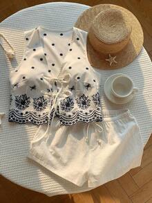 Conjunto casual de 2 piezas de top corto sin mangas con cordones delanteros y shorts para mujer en beige - Multicolor - Ver 4