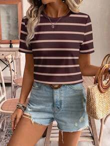 Frenchy Camiseta de manga corta holgada con cuello redondo, estilo asimétrico a rayas, minimalista y casual, versátil, adecuada para primavera/verano y temporada deportiva - Multicolor 13 - Ver 8