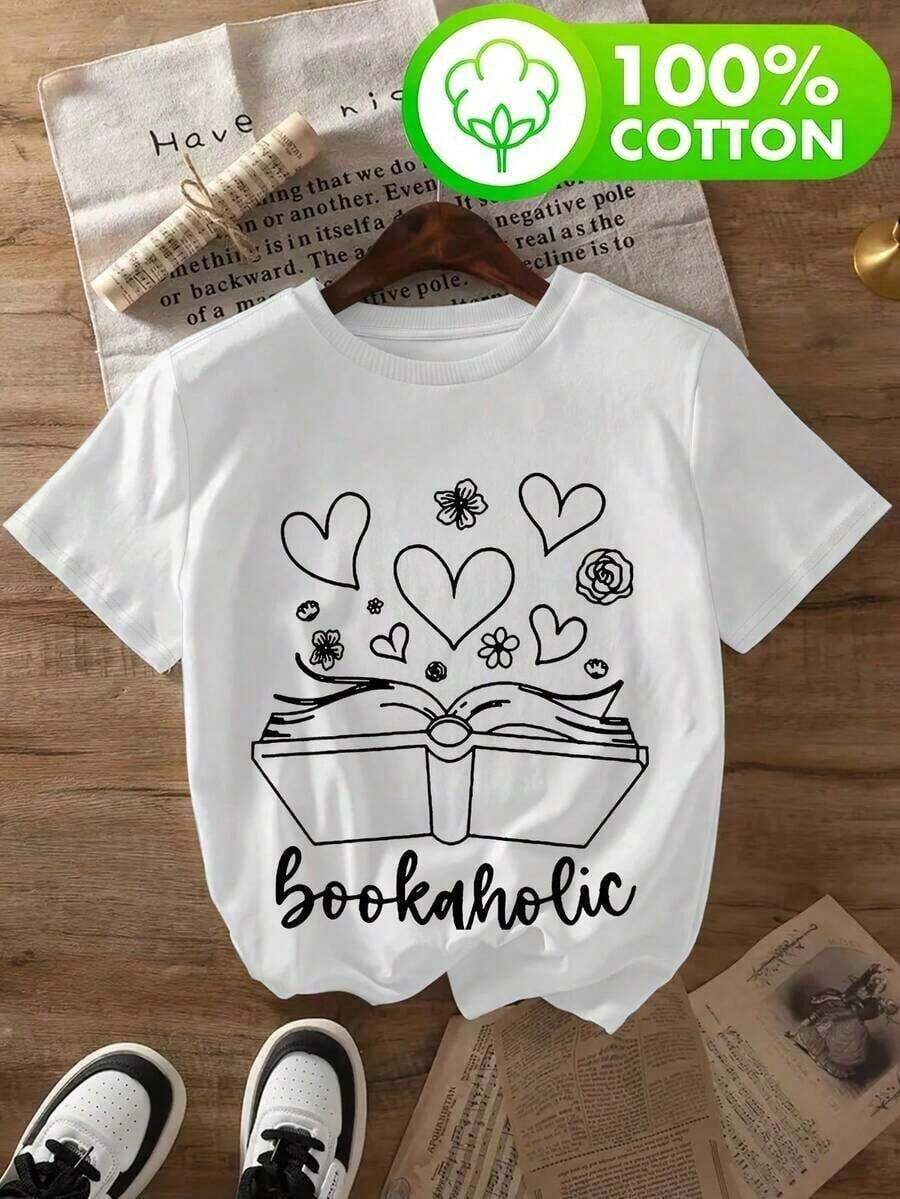 Una camiseta de manga corta para mujer con estilo retro americano, de corte holgado y con diseño estampado (los pantalones son solo para sugerencias de estilo). Esta pieza sencilla y elegante presenta un patrón de letras impresas con temática tropical, lo que la convierte en un elemento imprescindible para crear un look relajado de vacaciones, perfecto para ocasiones como el Día del Trabajo y el Día de la Independencia de México. - Blanco - Ver 1