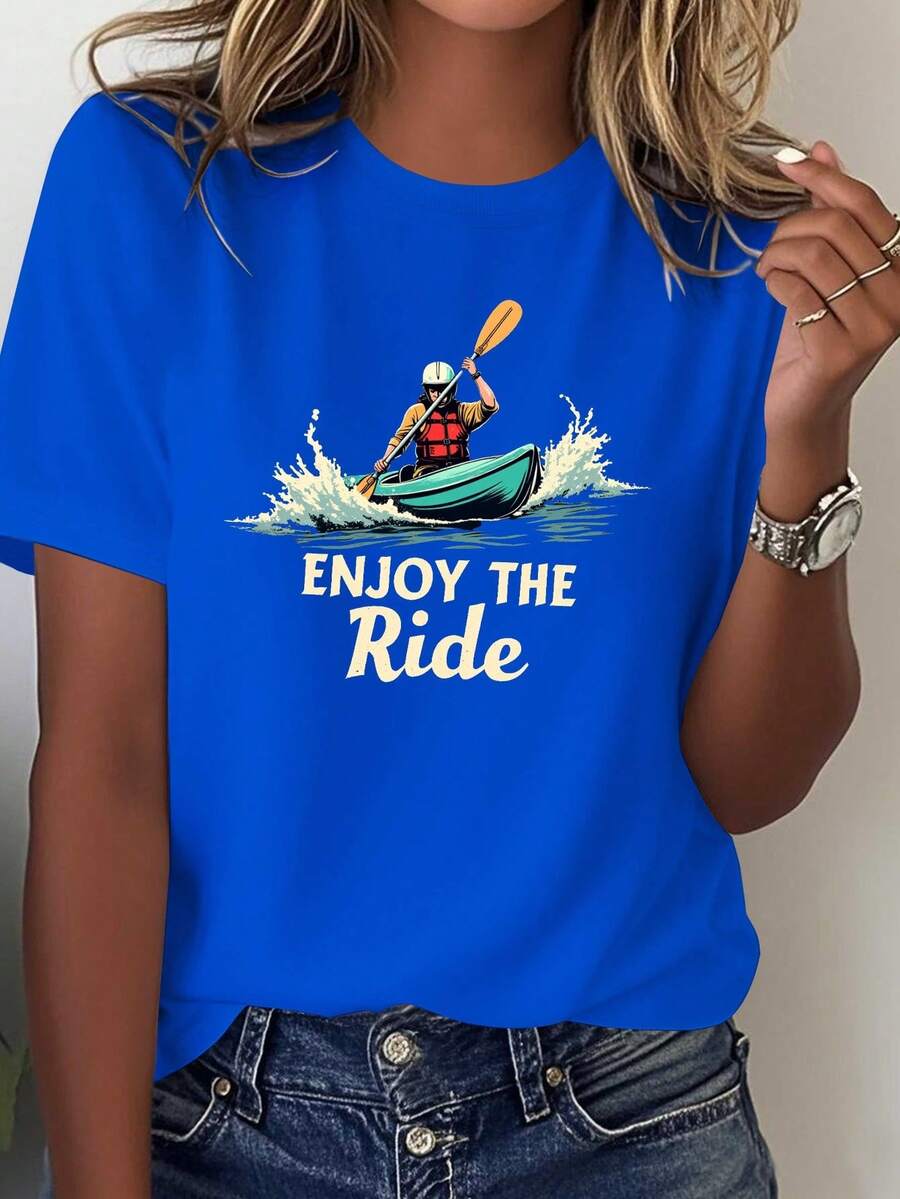 Women's Solid Color T-Shirt With Kayak And Canoe Print - Gray With Yellow Slogan "Enjoy The Journey", Clothing For Paddleboard And Kayak Enthusiasts, Casual T-Shirt For Outdoor Adventures, Suitable For All Seasons. - 藍色 - 查看 1