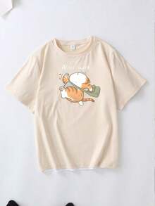 Plus Size Women's Casual Cat Print T-Shirt, Suitable For Everyday Wear, Outings, Vacations, Summer, Beach Parties, Music Festivals, Holidays And Other Events. Color: Black - 杏 - 查看 2