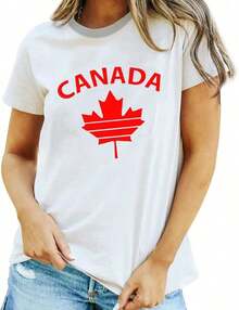 Camiseta Casual de Algodón para Mujer con Estampado de la Bandera de Canadá y Corazón, Manga Corta, Cuello Redondo, Hombros Caídos, Bonita Prenda de Verano con Tela Ligeramente Elástica - Blanco - Ver 2