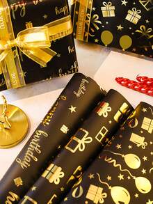 3 lembar/1 lembar Kertas Pembungkus Kado Ulang Tahun Warna Hitam & Emas - Dengan Teks "Selamat Ulang Tahun" Emas, Balon, Desain Pola Kotak Kado, Sempurna untuk Pembungkus Kado Pesta Liburan dan Dekorasi Buket, Cocok untuk Pesta Ulang Tahun, Pesta Bertema, Hari Jadi, dll. - Satu ukuran cocok untuk semua. - View 7