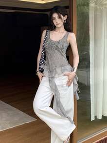 Vintage Lace Trim Asymmetrical Strap Backless Fitted Camisole Top Casual Summer - Grey - View 4