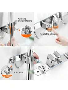 Heavy Duty Wall Mounted Stainless Steel Broom Holder – For Home, Bathroom, Kitchen Storage, Laundry Room, Balcony, Garage Organization. Broom And Mop Holder. Multifunctional Wall Mount Storage Rack For Cleaning Tools, Garden Tool Organizer, Rake And Shovel Handle Holder. Self-Adhesive Waterproof Storage Organizer. Silver - A - View 9