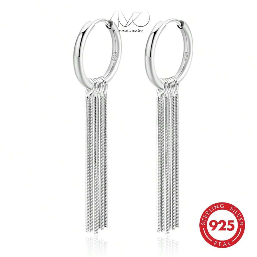 925 Silver Long Tassel Geometric Earrings For Women, Suitable For Daily, Vacation, Party Wear, Holiday Gift