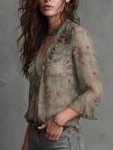 Vintage Design Elegant Lace Floral Patchwork Ruffle V-Neck Retro Chiffon Blouse Women 3/4 Sleeve Leaf Print Floral Printed Velvet Pleated Ruffle/Frill Front Button Casual Office Vacation Shirt Spring Summer - Sage Green - View 5