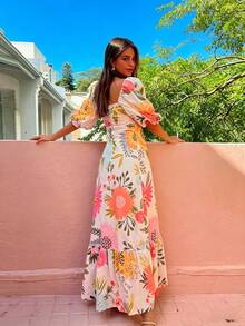 2026 Spring New Women's Clothing-Border European And American Dress Casual Off-Shoulder Sleeve Printed Long Dress - 28335-桔紅色 - 查看 5