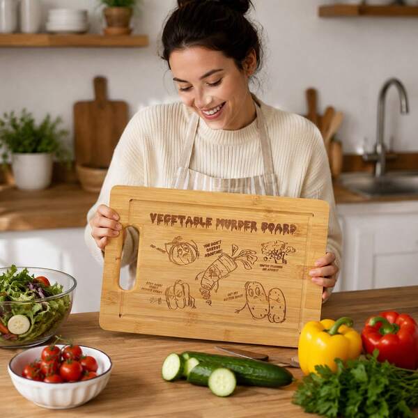 1 pieza Tabla de cortar decorativa de bambú y madera, tabla para verduras, bandeja de servicio de alimentos, tabla tallada, adecuada para la decoración de la cocina del hogar, suministros para fiestas temáticas