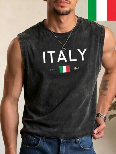  FRACTYR Men's Summer Casual Street Vintage Washed ITALY Printed Sleeveless Tank Top, American Streetwear Loose Fit Round Neck Sleeveless Tank Top, Soft Touch