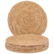 Manteles individuales redondos tejidos a mano, 11.8 pulgadas, juego de 4, incluye bandeja, antideslizante, resistente al calor, decoración de mesa perfecta para ti! (La materia prima de este producto es ratán natural, algunos defectos son normales y no afectan el uso normal) - Ver 10