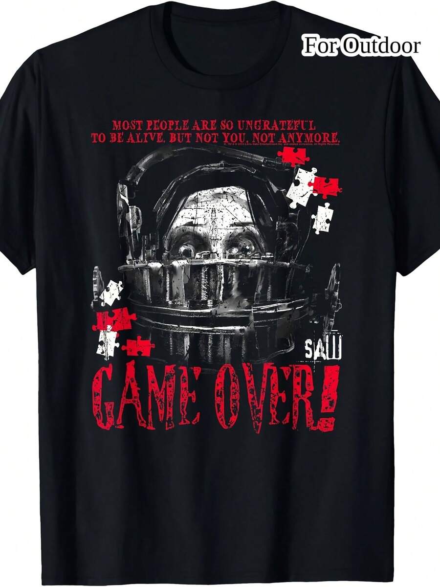 Camiseta de hombre para estar en casa, con estampado de Saw Game Over Head Trap Horrorie, 1 4, para ocio al aire libre, transpirable, para todas las estaciones, unisex. - Negro - Ver 1