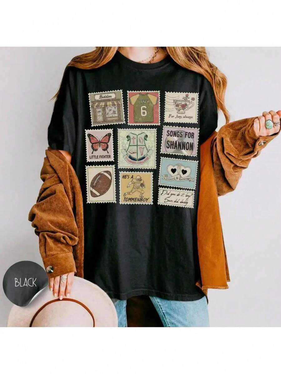 Women's Printed T-Shirts: Preppy-Style Short-Sleeved Tees For Book Lovers, Featuring Song Lyrics, Poems, And Literary Quotes. Casual Literary Wear For Bookworms. Comfortable Fit, Ideal For All Seasons. CAFY - 黑色 - 查看 1