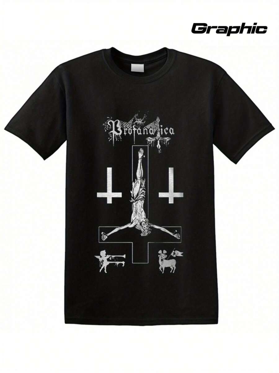Men's Heavy Metal Print T-Shirt - PROFANATICA 'Demo Style' Esoteric Gothic T-Shirt - Black Band Garment, Suitable For Concerts, Gothic Parties And Daily Wear - Adult Heavy Metal Clothing, Rock Band T-Shirt, Concert Wear, Esoteric Print Design, Suitable For Gatherings And House Parties. - 黑色 - 查看 1