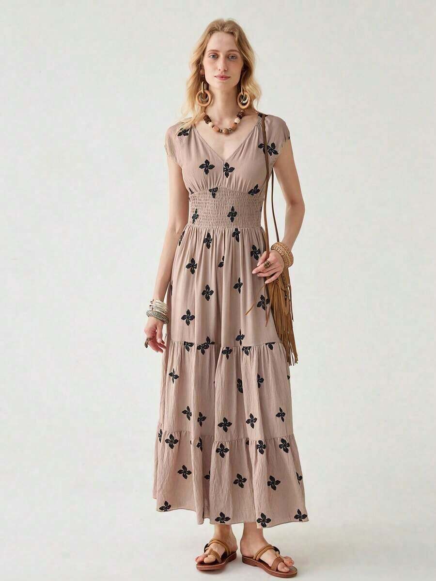 Vestido largo con volantes y estampado completo, atuendo de vacaciones y playa para mujeres - Caqui - Ver 1