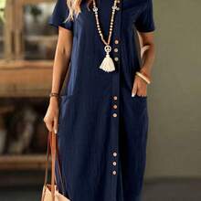 MewMuse. Faunlyn Vestido de bolsillo doble con botones frontales de unicolor para vacaciones casual - Blanco - Ver 6