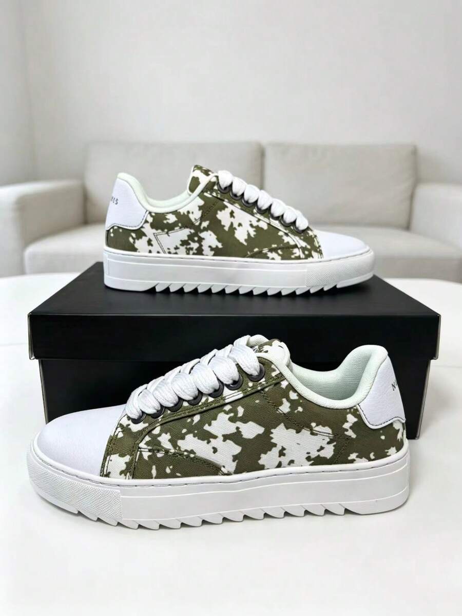 Numeris Tênis Esportivos Casuais Multifuncionais Unissex, Sola Grossa Aumento de Altura Modelos para Casais Clássico Moda Tênis de Skate, Outono/Inverno - Verde Militar - Visão 1