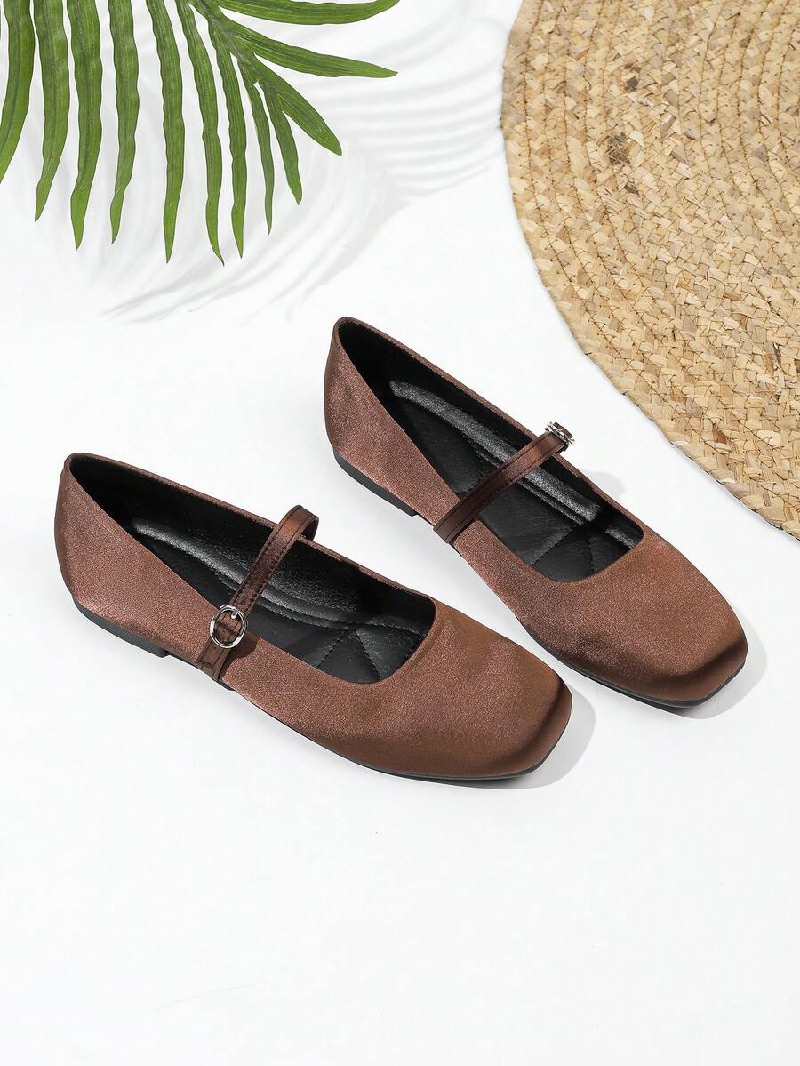 Coffee Color Mary Jane Square Toe Suede Shoes For Women