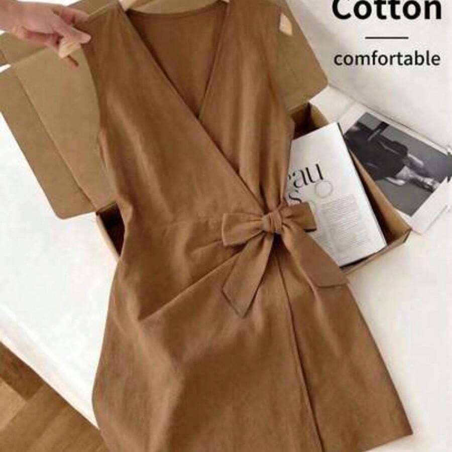 Yunuo Menswear Petite Vestido casual con lazo para mujer, estilo de vacaciones en la isla - Marrón - Ver 1