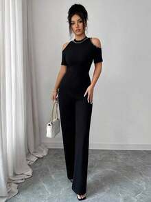 Mono elegante de mujer con hombros descubiertos y decoración de perlas falsas, adecuado para primavera, verano y otoño, para uso diario, ir al trabajo y citas - Negro - Ver 4