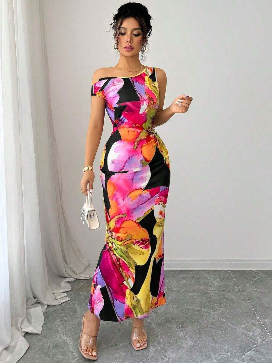 1 pieza Vestido ajustado con estampado floral y cintura ceñida en el hombro oblicuo - Multicolor - Ver 1