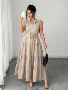 Vestido camisero de talla grande para mujer, de unicolor, casual, con un solo botón delantero y sin mangas, vestido plisado, para verano - Albaricoque - Ver 8