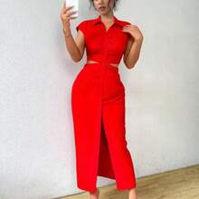 guangzhougaolangshangmao  Vestido largo sencillo y casual de unicolor con botones al frente y mangas cortas para mujer - Rosa Fucsia - Ver 1