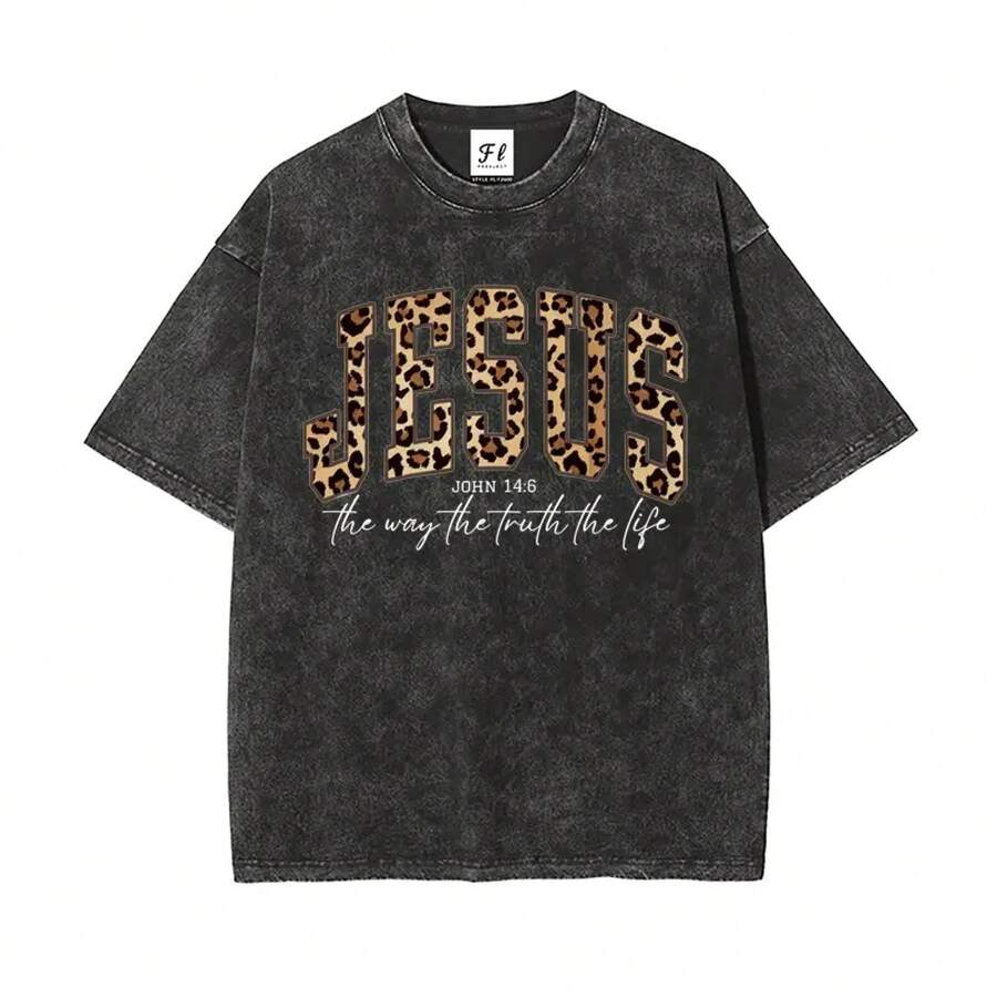 Camiseta con Estampado de Leopardo y Diseño de Jesús |   Camiseta Vintage de Gran Tamaño con Estética de Fe, Jesús, El Camino, La Verdad, La Vida |   Top Oversize Cristiano con Estampado de Leopardo Retro - Negro - Ver 1