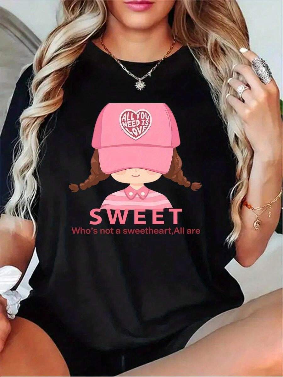 1 pieza de playera para hombre y mujer, 100% algodón puro, cuello redondo casual con estampado, manga corta transpirable para uso diario. Dise?o con estampado en playera para mujer, con gorro rosa y camisa rayada.. - Negro - Ver 1