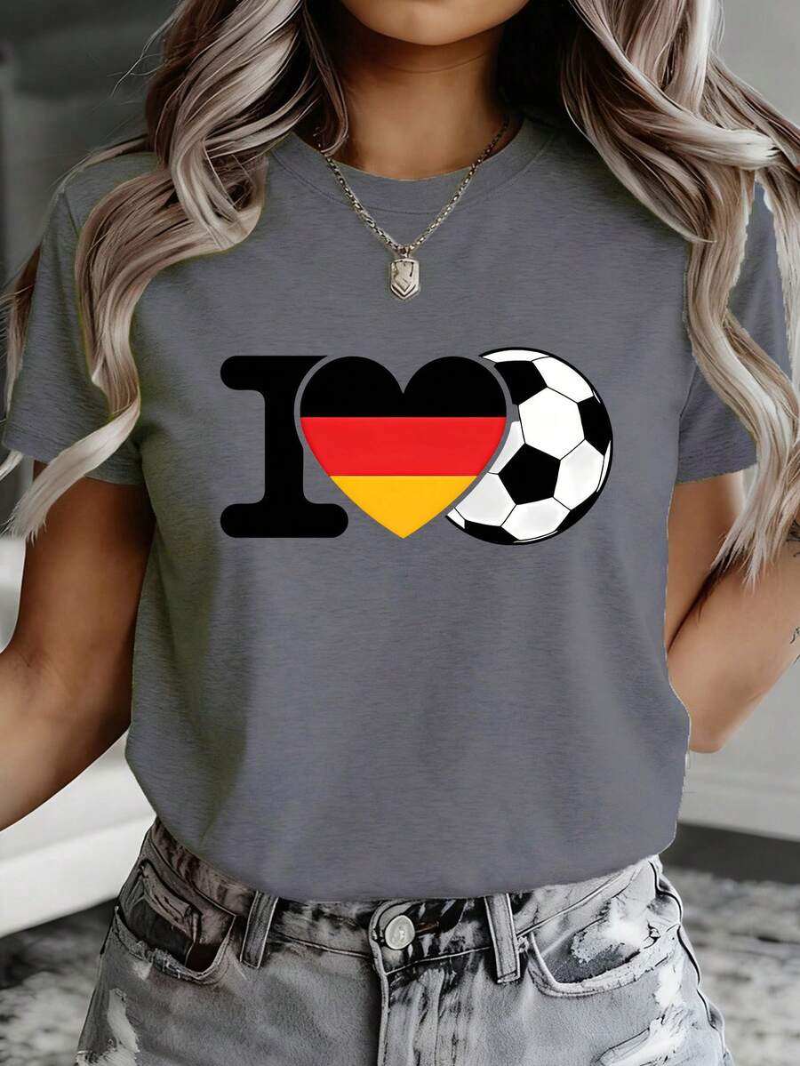 Women's T-Shirt With German Flag And Football Design - Germany National Team, Round Neck, Short Sleeve, Ideal For Events And Casual Wear - Garment Of German Pride - 深灰色 - 查看 1