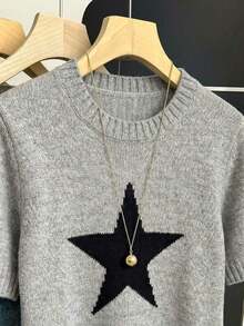 Nueva llegada Primavera/Verano Estilo coreano Casual Suelta Personalizada Blusa de punto de mujer a rayas de color contrastante - Gris - Ver 5