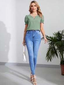 Blusa verde con cuello de ojo de cerradura y manga abullonada, blusas de manga corta - verde menta 2 - Ver 6