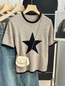 Nueva llegada Primavera/Verano Estilo coreano Casual Suelta Personalizada Blusa de punto de mujer a rayas de color contrastante - Caqui 3 - Ver 6