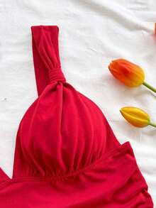 Camiseta de mujer elegante para vacaciones, de tela de punto a lunares, con tirantes retorcidos y fruncidos, de ajuste ceñido, adecuada para vacaciones, citas, té de la tarde, playa, crucero, viaje a la ciudad, vacaciones en la isla, festival de música, vacaciones bohemias, se puede usar por dentro o por fuera - Rojo - Ver 3
