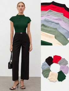 Camiseta de mujer de unicolor con cuello alto y mangas cortas tipo murciélago, casual de negocios para mujeres, uniforme de maestro, ropa de oficina, escuela, top básico, estilo vintage - Verde - Ver 11