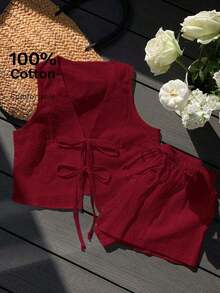 Conjunto casual de 2 piezas de top corto sin mangas con cordones delanteros y shorts para mujer en beige - Burdeos - Ver 1