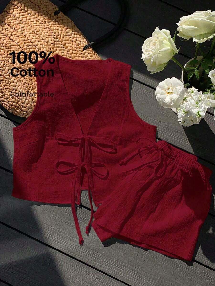 Conjunto casual de 2 piezas de top corto sin mangas con cordones delanteros y shorts para mujer en beige - Burdeos - Ver 1