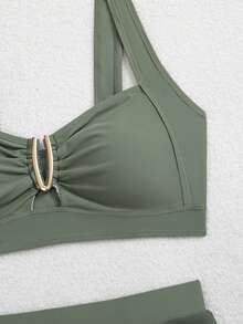 jeederkim New Summer Women Bikini Top With Metal Decor, Matching Sheer Mini Skirt, Suitable For Beach Wear Vacation - Army Green - View 9