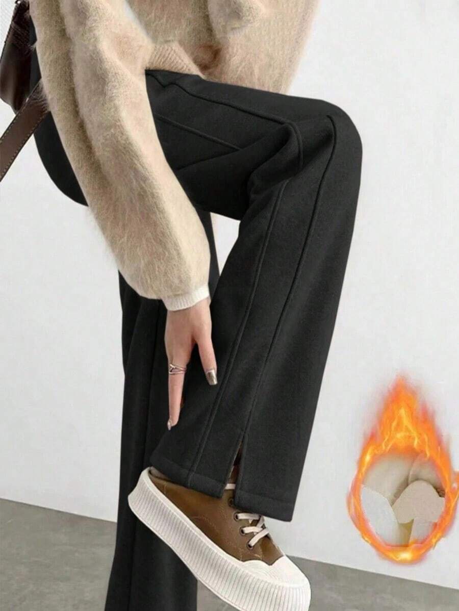YI XUAN Pantalones anchos con forro térmico para mujer, pantalones rectos casuales térmicos de plátano cálidos para invierno - Negro - Ver 1