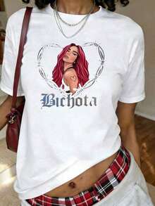 Camiseta con Estampado Bichota, Manga Corta, Cuello Redondo, Estilo Casual para Verano y Primavera, Ropa de Mujer - Blanco - Ver 7
