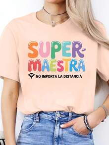 Blusa casual para mujer con estampado de letras en español, camiseta casual de primavera/verano, camiseta deportiva de manga corta con cuello redondo, tops de algodón para mujer. - Verde - Ver 8