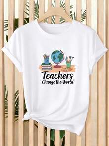 Blusa casual de mujer, nueva camiseta de manga corta de verano para mujer con estampado educativo de temas relacionados con la tierra y la papelería, adecuada para el hogar, la oficina y los viajes, top versátil, camisetas de algodón para mujer. - Blanco - Ver 12