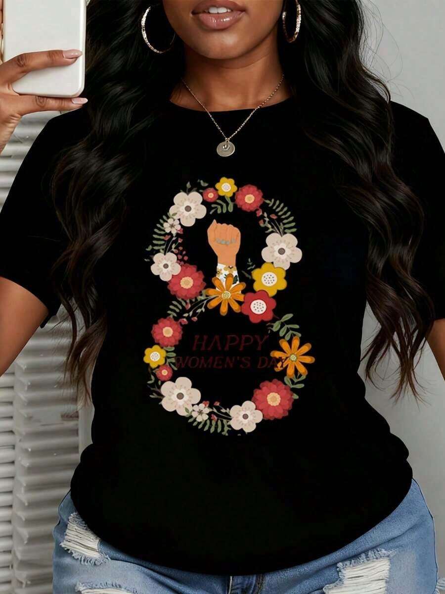 Happy International Women's Day, Women's Short Sleeve T-Shirt With Floral Crown Print And Cuffs, Casual Celebration Wear, Cotton T-Shirt - 黑色 - 查看 1