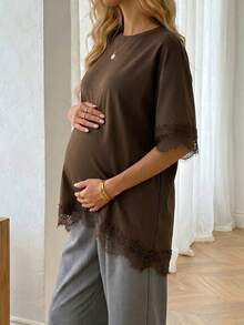 Maternity 3/4 Sleeve Lace Trim Top, Loose Comfortable Blend Maternity T-Shirt, Suitable For Daily Work, Home And Casual Wear Summer Brown - Brown - View 4