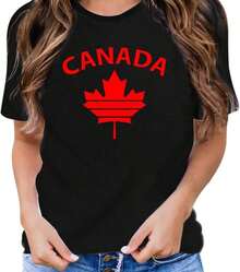 Camiseta Casual de Algodón para Mujer con Estampado de la Bandera de Canadá y Corazón, Manga Corta, Cuello Redondo, Hombros Caídos, Bonita Prenda de Verano con Tela Ligeramente Elástica - Negro - Ver 2