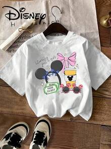 Disney Licensed, Best-Selling Women's Print: Minnie Mouse Head, Diamond Sparkle, Bow, Fashionable And Cute Printed Short-Sleeved Crew Neck T-Shirt. Crew Neck, Casual, Comfortable, Stylish, And Versatile, Suitable For Spring, Summer, And Autumn. Optimistic Design, Elastic Fabric. - trắng - Xem 1