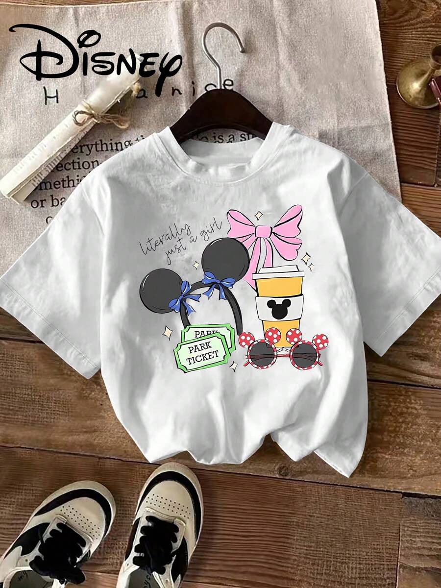 Disney Licensed, Best-Selling Women's Print: Minnie Mouse Head, Diamond Sparkle, Bow, Fashionable And Cute Printed Short-Sleeved Crew Neck T-Shirt. Crew Neck, Casual, Comfortable, Stylish, And Versatile, Suitable For Spring, Summer, And Autumn. Optimistic Design, Elastic Fabric. - trắng - Xem 1